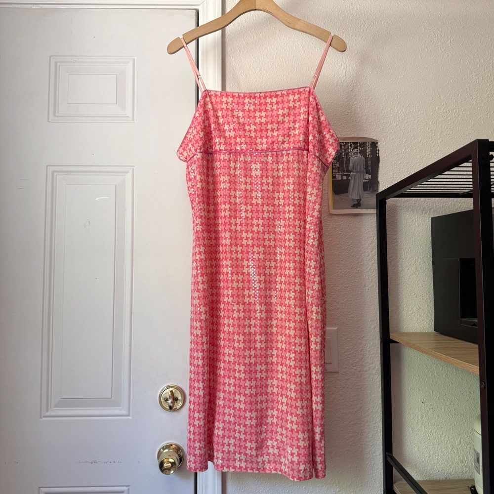 DORI vintage pink‎ white houndstooth plaid sequin glitter babydoll midi dress